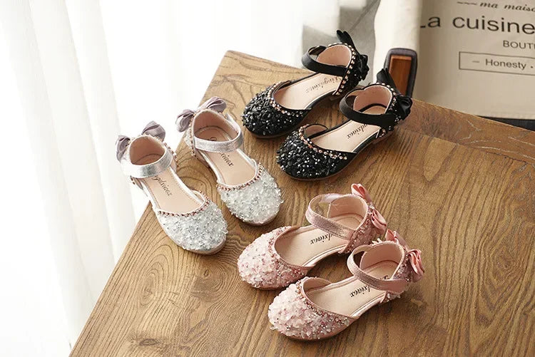 Girls' Sweet Leather Shoes with Back Knot Soft Sole Half Sandals Crystal 2025 Summer New Kids Princess Shoes for Party Wedding