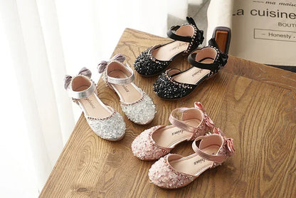 Girls' Sweet Leather Shoes with Back Knot Soft Sole Half Sandals Crystal 2025 Summer New Kids Princess Shoes for Party Wedding