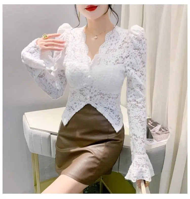 Spring Summer Lace T-shirt Slim Women V-neck Long Sleeve Shirt Button Irregular Short Tops Puff Sleeves Vintage Chic Design Tees