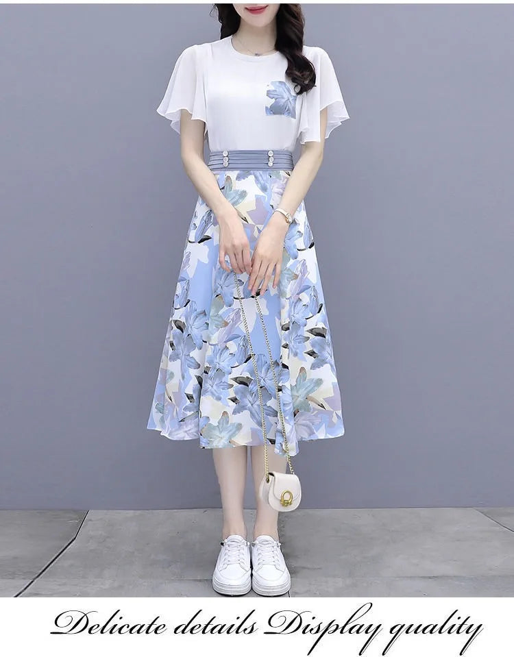 Floral Print Chiffon Dr Set Women's Summer Faion Slimming ular f-length Skirt Two-piece Set round Ne ort Sve