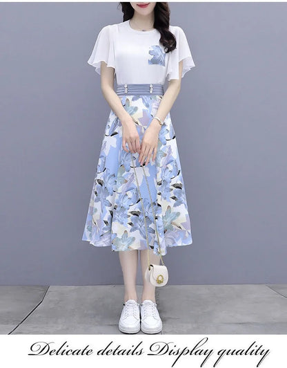 Floral Print Chiffon Dr Set Women's Summer Faion Slimming ular f-length Skirt Two-piece Set round Ne ort Sve