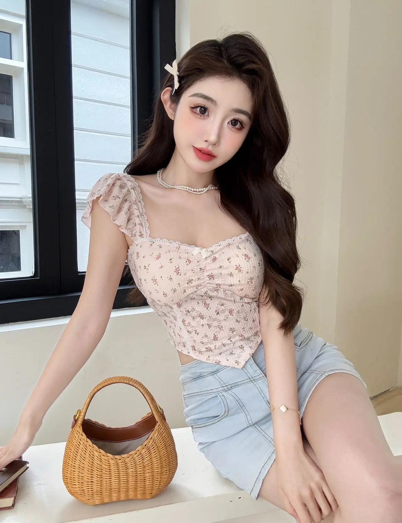 Summer New Pure Desire Sweet Floral Print off oulder Crop Top Slimming  with Chest Pad Versatile Women's Vest