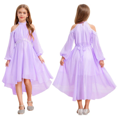 Kids Girls Elegant Party Dress Halter Off-shoulder High Waist Ruffled Chiffon Dresses Wedding Birthday Pageant Evening Prom Gown