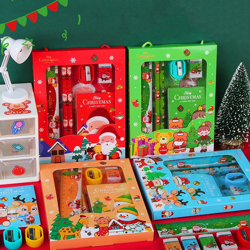 6Pcs/Set Christmas Series Stationery Including 2 Pencils 1 Erasers 1 Pencil Sharpeners 1 Sticky Notes 1 Rulers School Supplies