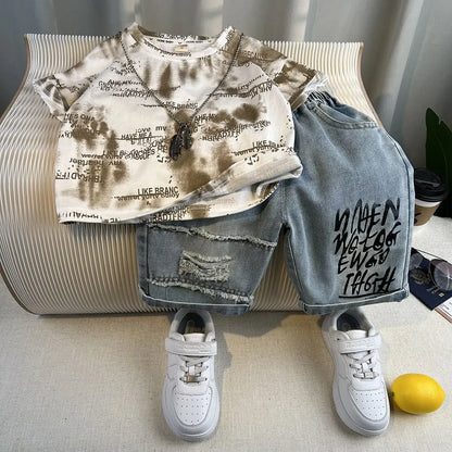 Korean Children's Summer Clothes Kids Set Outfits Boys 2025 Handsome Sleeveless&Short Sleeved T-shirt Denim Shorts 2-piece Set