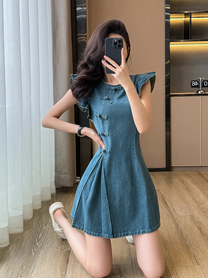 Women's ort Denim Dr A-Line Waist Cinching round Ne Button Sle High Waist Slimming Spring Summer Cotton Blend