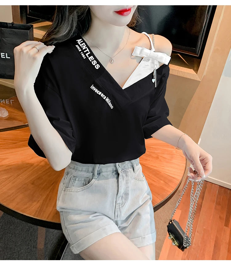 Unique Design oulder Bared ort Sve V-Ne Loose T-irt for Women  Knot Print Splice Asymmetrical Korean Sle