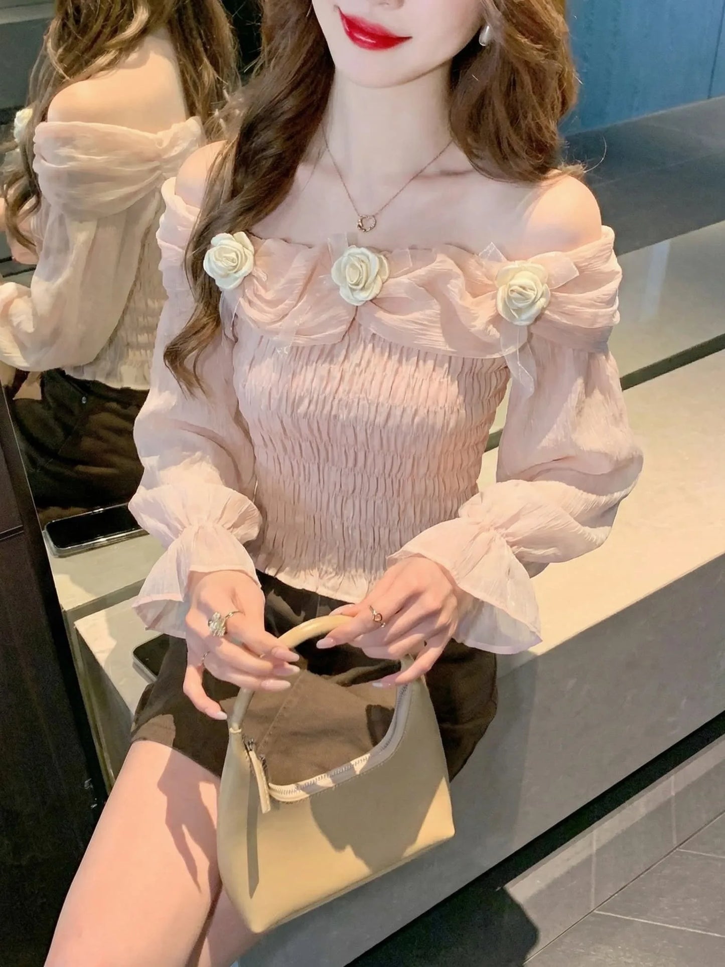Sweet oulder One-oulder 3D Flower Bell Sve Women's irt Spring New Sle Waist Cinching Beautiful Top Ci Walk ort...