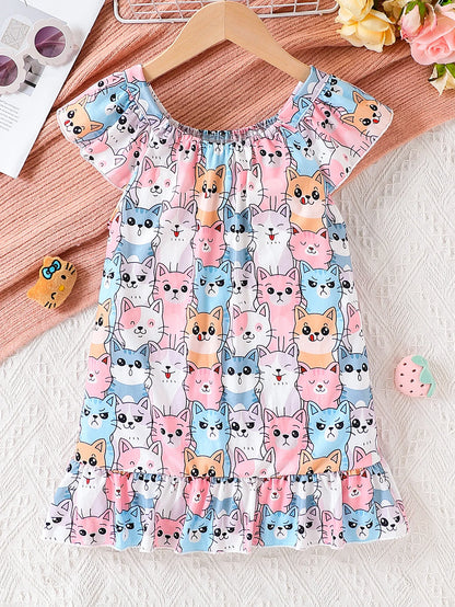 Girls' Summer Dress, Fashionable and Stylish, Elastic Off-The-Shoulder Design, Cartoon Cat Print, Knee-Length Skirt, Little Girl's Summer Casual and Versatile Clothing