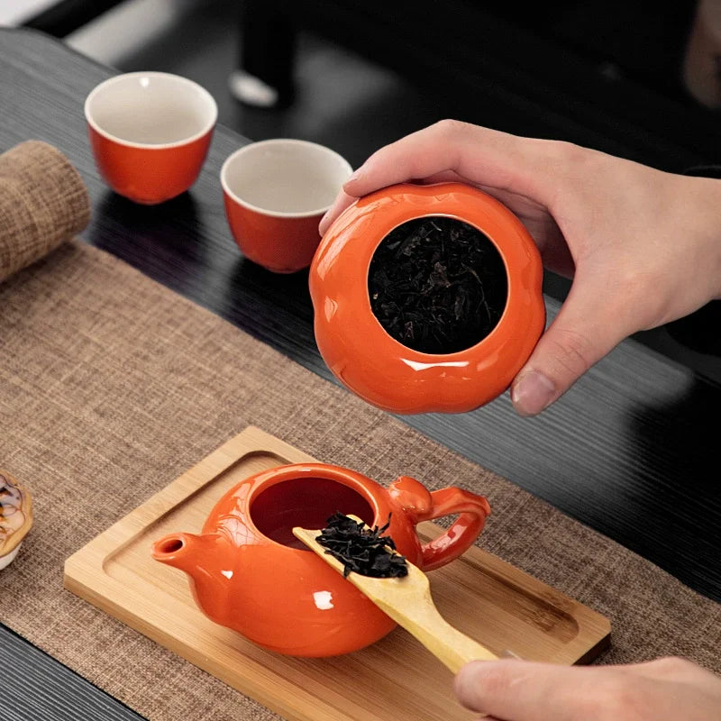Chinese Travel Kung Fu Ceramic Tea Set 1 Teapot 4 Teacups Tea Ceremony Portable Persimmon Shape Teapot Exquisite Gift Box