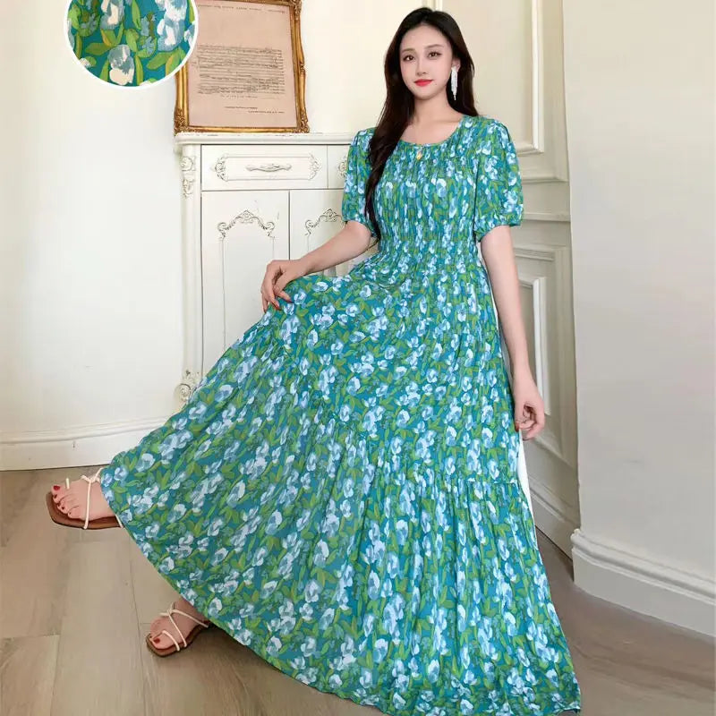 Summer New Cotton Silk Dr Casual High Waist Floral Print Beachwear Outerwear Slimming Waist Long Skirt A-Line Gown