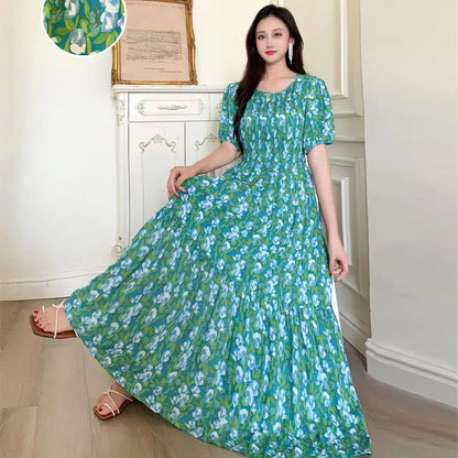 Summer New Cotton Silk Dr Casual High Waist Floral Print Beachwear Outerwear Slimming Waist Long Skirt A-Line Gown
