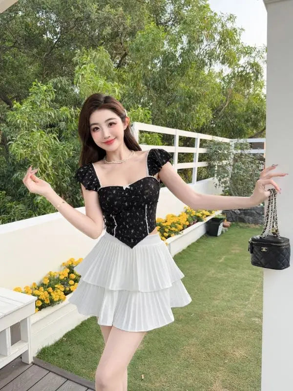 Summer New Pure Desire Sweet Floral Print off oulder Crop Top Slimming  with Chest Pad Versatile Women's Vest