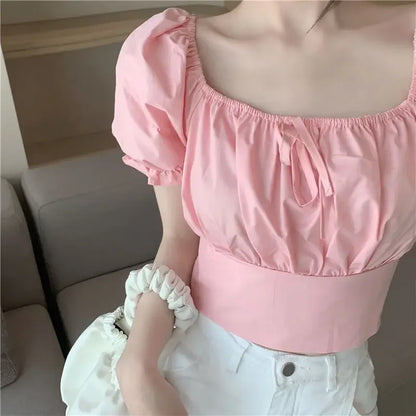 2025 Fashion New Pearl Chain Shirt Women Summer French Bow Backless White Blouse Sweet Puff Sleeve Crop Top Female
