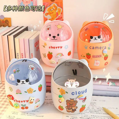 Mini Desktop Trash Can Organizer Cute Bear Multifunction Creative Cosmetic Bucket with Lid Pen Holder Kawaii Stickers Patchers