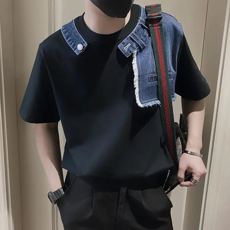 Men Trendy Vintage Denim Patchwork Design Tees Summer Short Sleeve Luxury Chic T Shirt Casual Round Neck Loose Tops Ropa Hombre  ( Available )