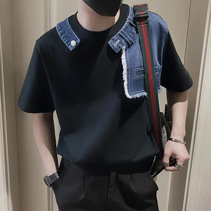 Men Trendy Vintage Denim Patchwork Design Tees Summer Short Sleeve Luxury Chic T Shirt Casual Round Neck Loose Tops Ropa Hombre  ( Available )