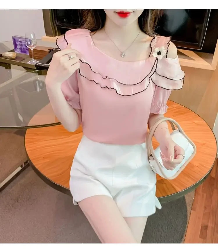 Sweet Slash Neck Off Shoulder Ruffles Blouses Female Clothing 2025 Summer New Loose Solid Color Korean Tops Puff Sleeve Shirts