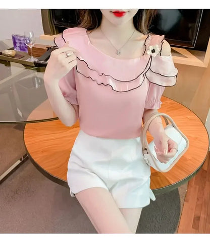 Sweet Slash Neck Off Shoulder Ruffles Blouses Female Clothing 2025 Summer New Loose Solid Color Korean Tops Puff Sleeve Shirts