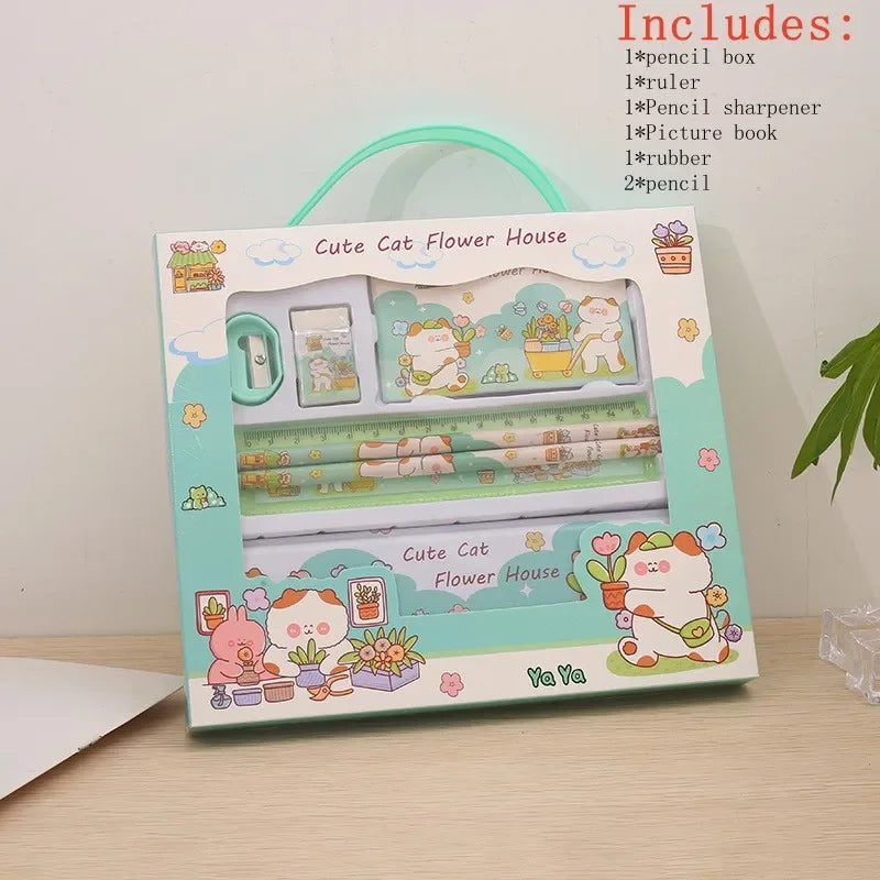 Stationery Gift Cartoon  Student Stationery Set Pencil Eraser Ruler Pencil Sharpener Pencil Case Drawing Book Multifunction