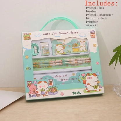 Stationery Gift Cartoon  Student Stationery Set Pencil Eraser Ruler Pencil Sharpener Pencil Case Drawing Book Multifunction