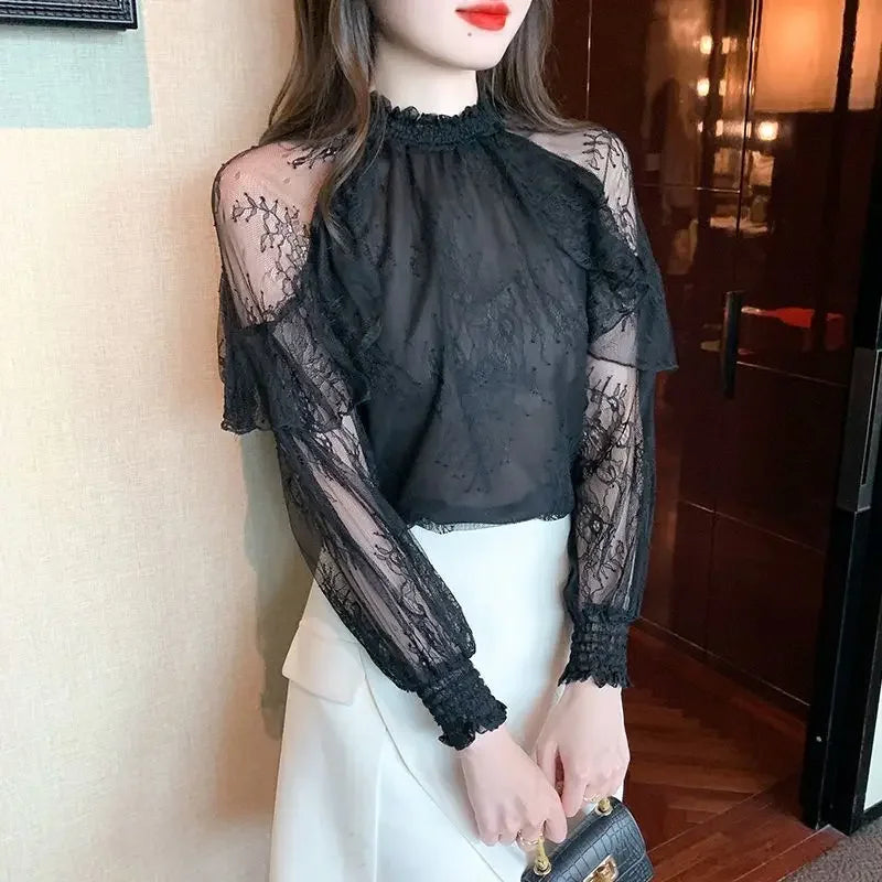 Chiffon Women's Shirt and Blouse Lace Flowers Luxury Designer Youthful Woman Clothes Vintage Clothing Female Tops Trend 2025 New