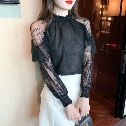 Chiffon Women's Shirt and Blouse Lace Flowers Luxury Designer Youthful Woman Clothes Vintage Clothing Female Tops Trend 2025 New