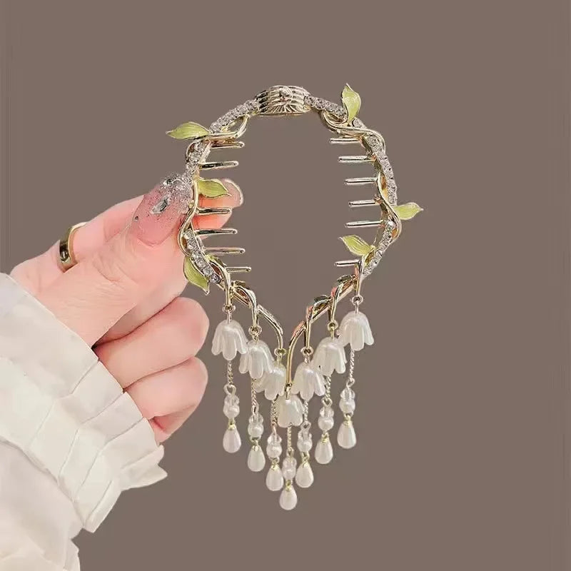 Ladies Butterfly Rhinestone Pearl Metal Hair Claw Round Bun Ponytail Holder (Available)