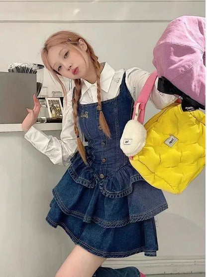 Retro shirt +dress set women slim waist denim halter dress