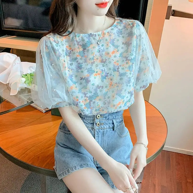 Floral Short-sleeved Chiffon Women's New Puff Sleeve Top Chic and Fashionable Shirt