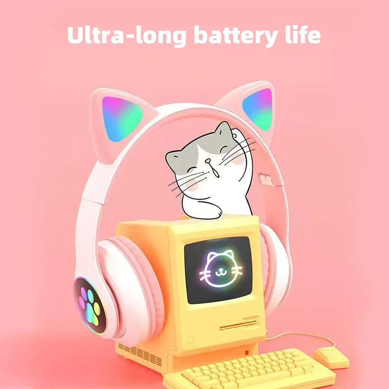P47M Wireless Headphone Flash Light Cute Cat Bluetooth with Mic Control LED Stereo Music Helmet Phone Bluetooth Headset Gift