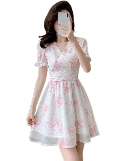 Floral Print A-Line Chiffon Dr Women's Summer 2026 New Sle Slimming ort Dr V-Ne Princ Sve Waist-Cinched