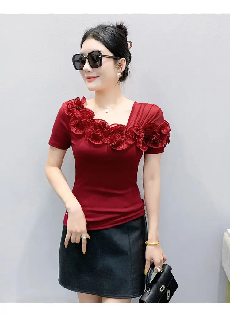 Faionable Floral Lace Ear ort Sve Slimming Me oulder Bared T-Shirt Women's Casual Sle Polyester Fabric Tee irt