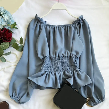 Spring Fall Korean Long Sleeve Chiffon Women Blouse Shirt Slim Sexy Slash Neck Ladies Shirts Womens Tops And Blouses JW9023