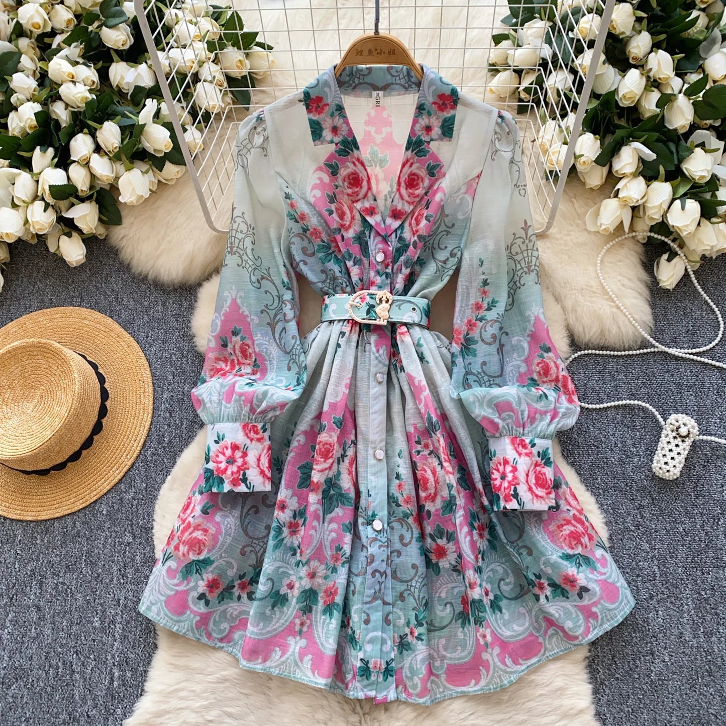 France Elegant Vintage Palace Evening Dress Women Sashes Button Print Short Party Dress Female Casual Chic Festival Clothing New