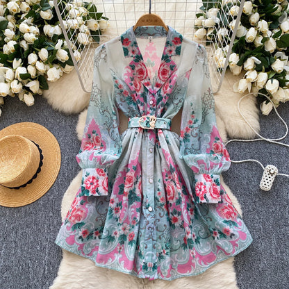 France Elegant Vintage Palace Evening Dress Women Sashes Button Print Short Party Dress Female Casual Chic Festival Clothing New