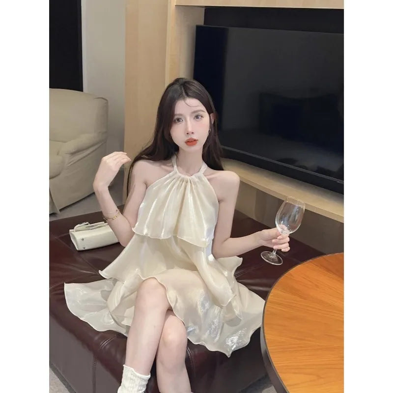 Woman Dress Elegant Sweet Sleeveless Ruffles Mesh Loose Summer New Cake Mini Dresses Solid Sexy Female Casual Fairy 2026