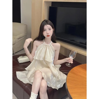 Woman Dress Elegant Sweet Sleeveless Ruffles Mesh Loose Summer New Cake Mini Dresses Solid Sexy Female Casual Fairy 2026