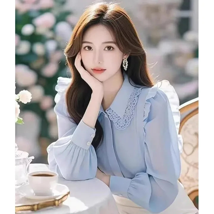 Blue Long Sve irt Women's Faionable Beautiful Top Small Flng Sve Design Spring Sli Good Looking Ele Garment