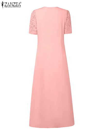 ZANZEA Women Summer Lace Patchwork Dresses 2026 Elegant Party Dress Stylish V Neck Short Sleeve Office Sundress A Line Midi Robe