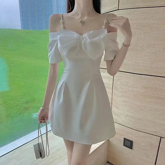 Sexy Off Shoulder Bow Dress Women Slim Short Slip Dress Ladies Style Birthday Formal Elegant White Mini Dresses