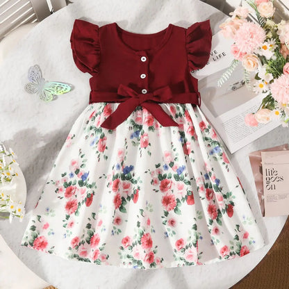 Girls' New Summer Collection: Flutter Sleeve Dress Floral Print Princess Dress with Belt Casual Dress for Girls