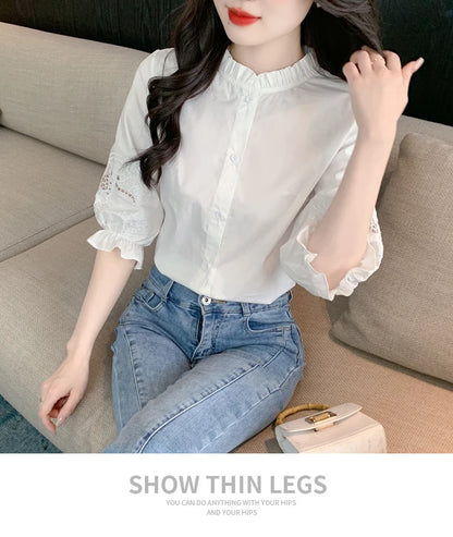 Ele Embroidered ort Sve irt Women's Summer New Design Korean Sle Commute Lantern Sve White irt for Ladies