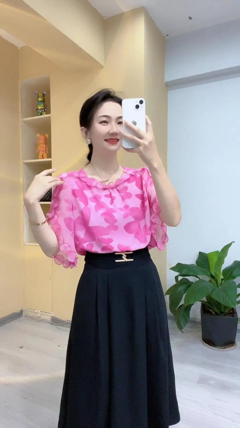 Elegant O-Neck Printed Folds Ruffles Flare Sleeve Blouses Women's Clothing 2024 Summer New Loose Korean Tops Office Lady Shirts