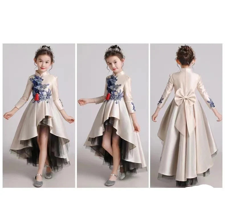 Girls' Fashion Evening Dress Children's Chinese Style Host Piano Performance Costume Dress Kids' Stand up Embroidered SkirtLI852 (Available)