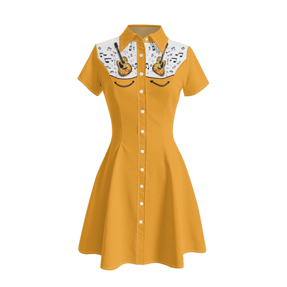 Women's Western Shirt Dress with Music Notes and Dolphin Print Cowboy Collar Button Up Pure Cotton Midi Dress Casual Boho Style