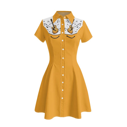 Women's Western Shirt Dress with Music Notes and Dolphin Print Cowboy Collar Button Up Pure Cotton Midi Dress Casual Boho Style