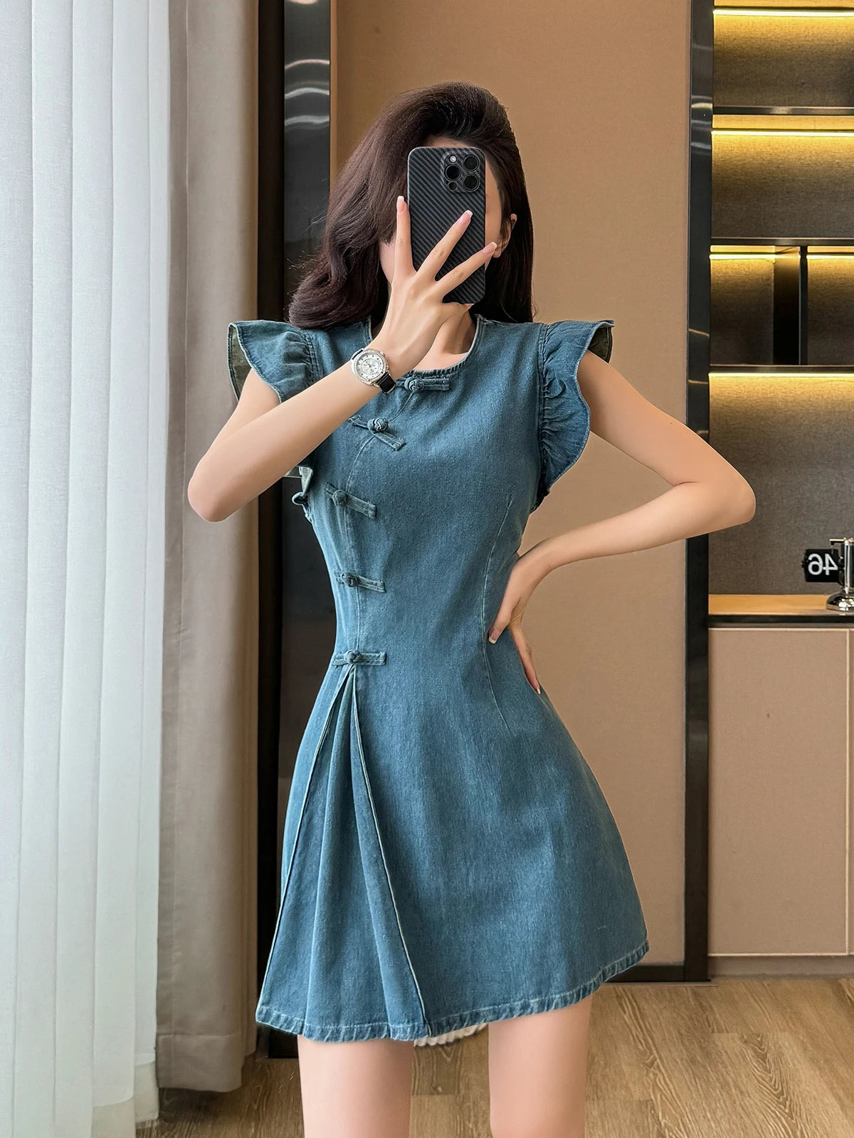 Women's ort Denim Dr A-Line Waist Cinching round Ne Button Sle High Waist Slimming Spring Summer Cotton Blend