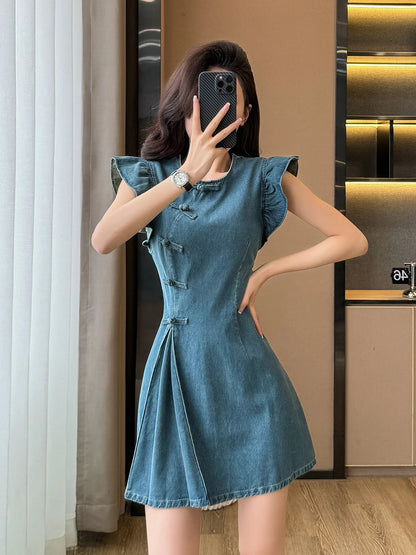 Women's ort Denim Dr A-Line Waist Cinching round Ne Button Sle High Waist Slimming Spring Summer Cotton Blend