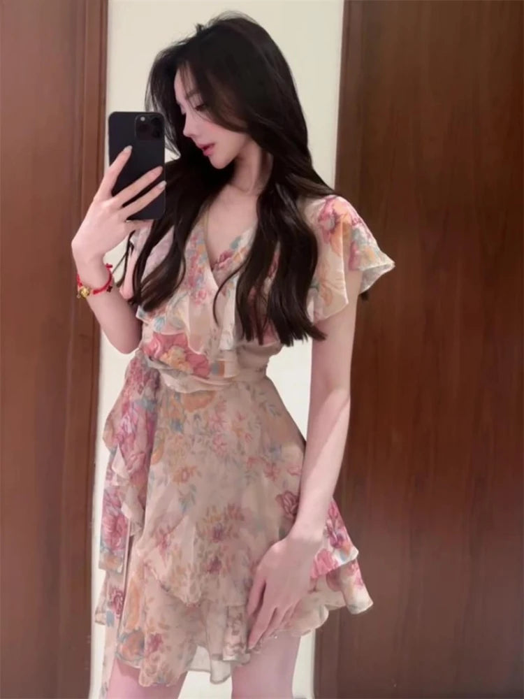 2025 Vestidos De Mujer Summer Vintage Dress Women Clothing V Neck Printing Temperament Robe Femme Ruffled Bandage Mini Dresses